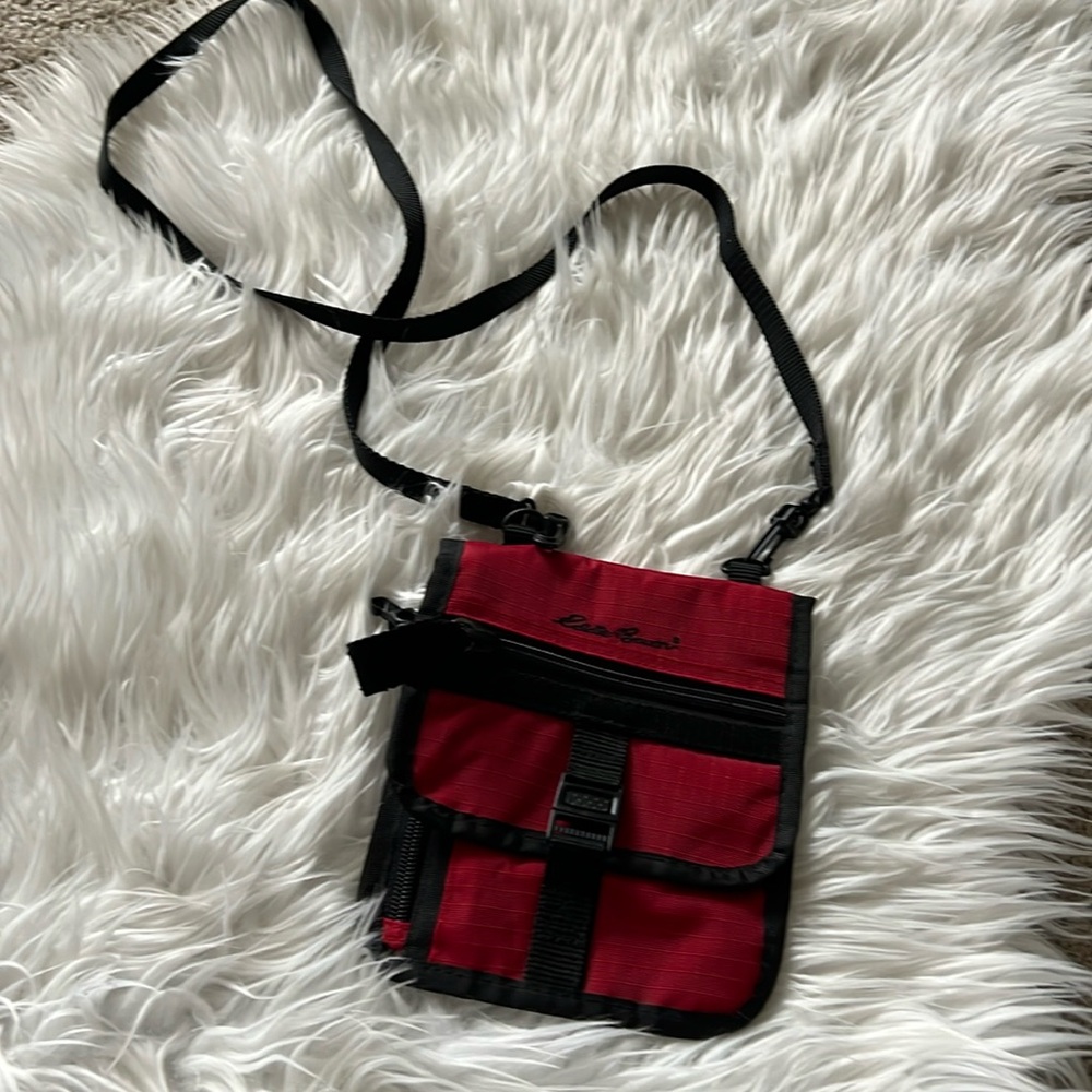 Red and Black Eddie Bauer Nylon Crossbody Wallet Bag with Adjustable Straps